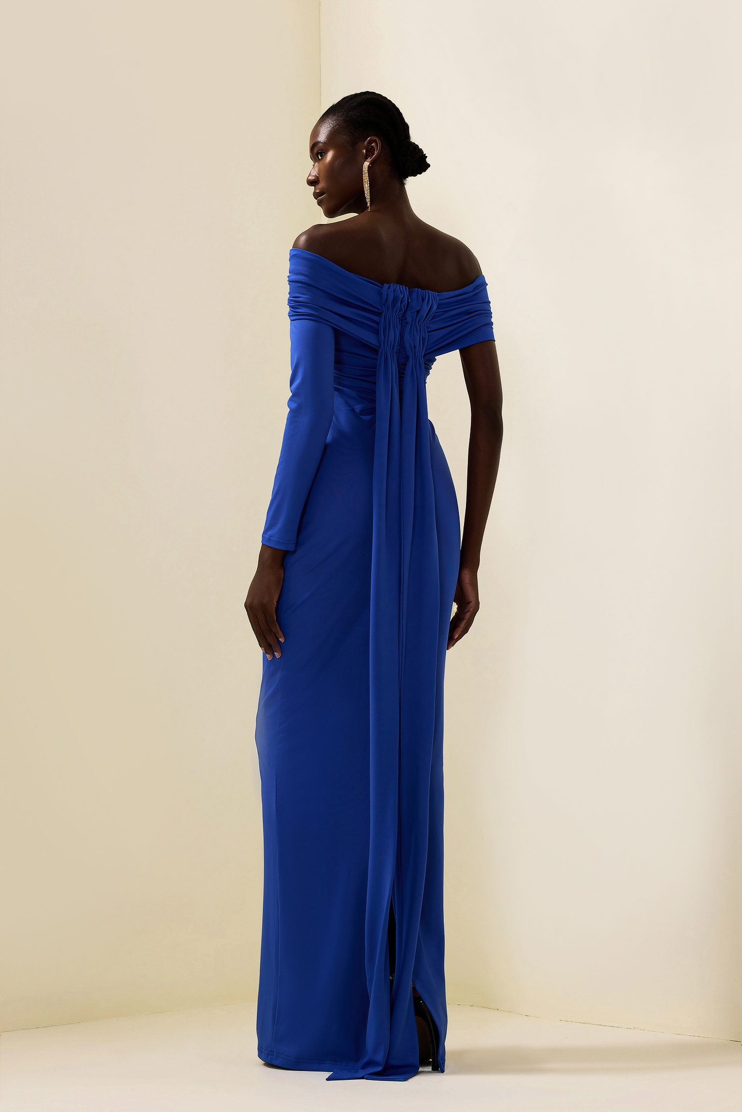 Solid Off-Shoulder Ruched Maxi Dress