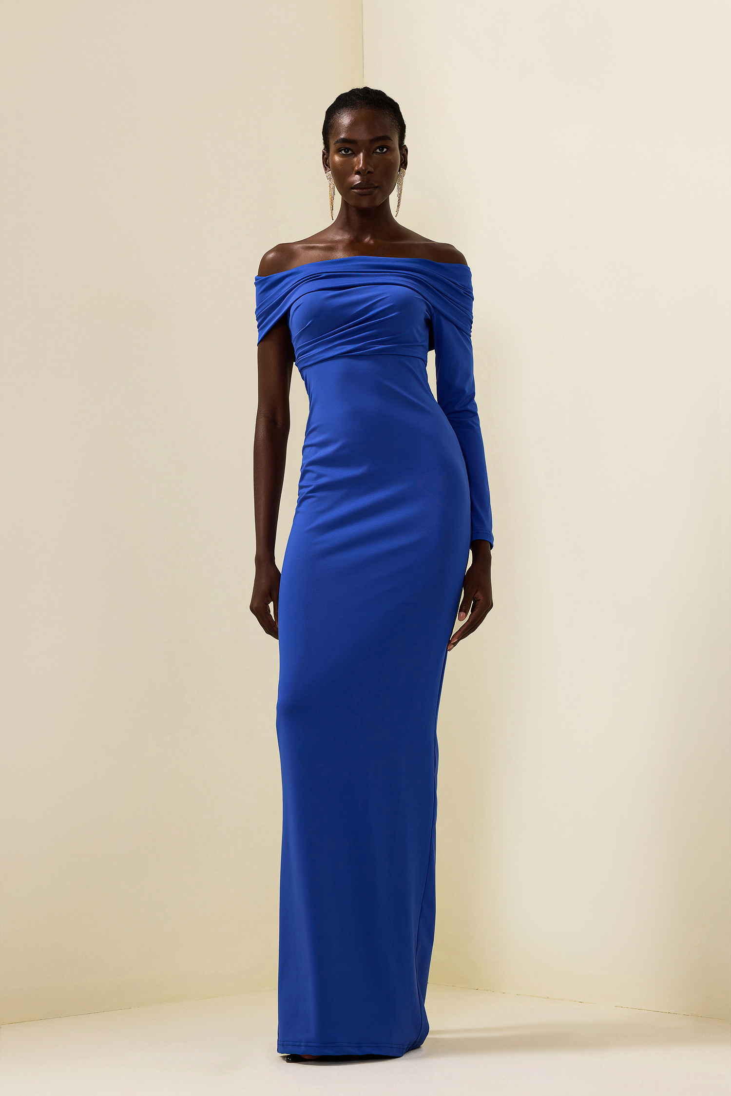 Solid Off-Shoulder Ruched Maxi Dress