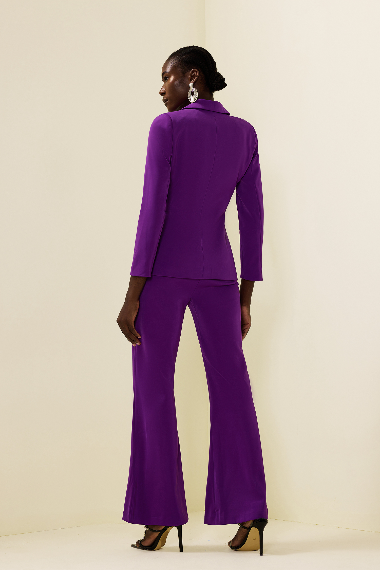 Solid Ruched Bottom Blazer ＆Mid Waist Solid Pants Set