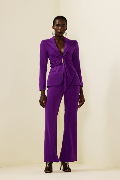 Solid Ruched Bottom Blazer ＆Mid Waist Solid Pants Set