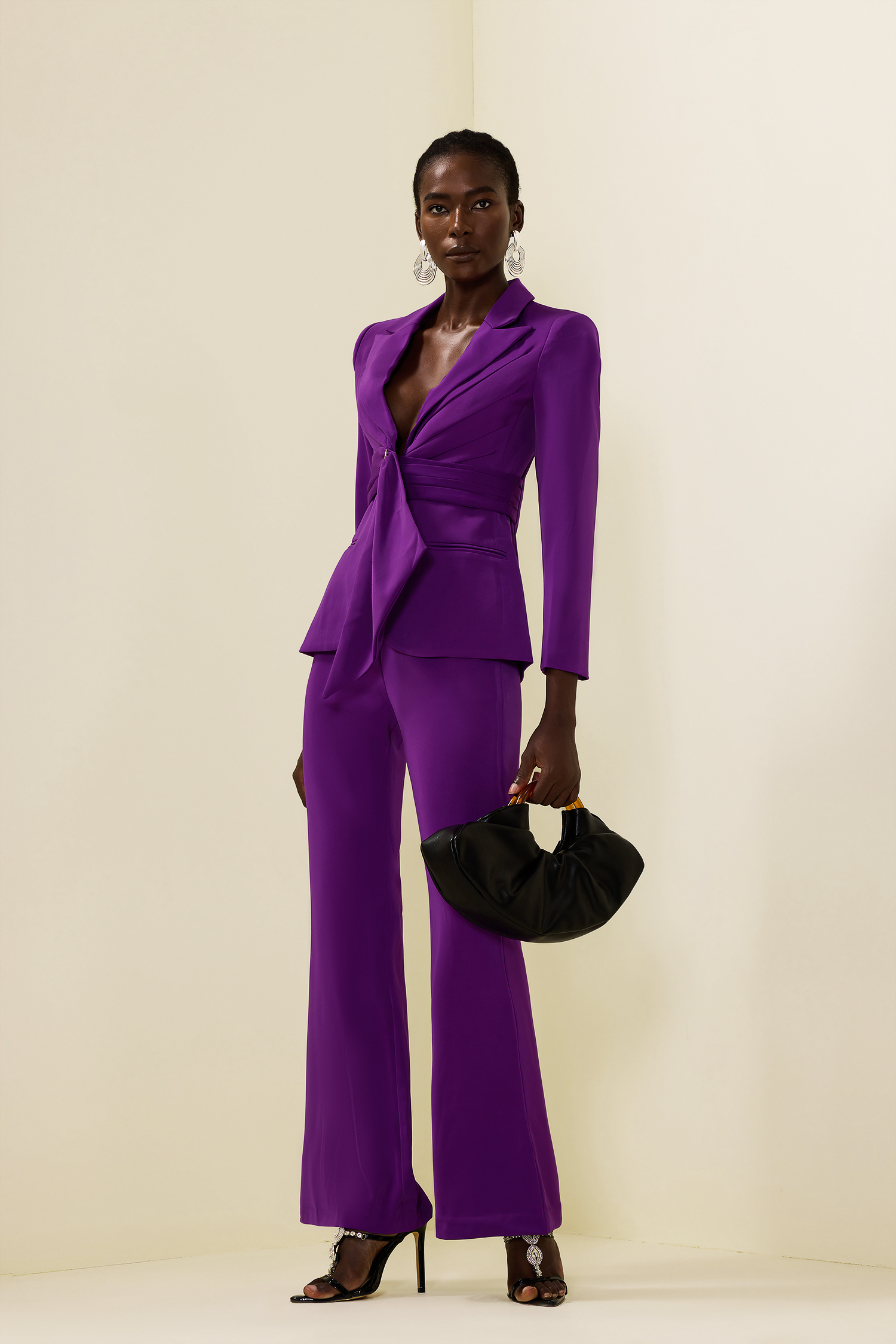 Solid Ruched Bottom Blazer ＆Mid Waist Solid Pants Set