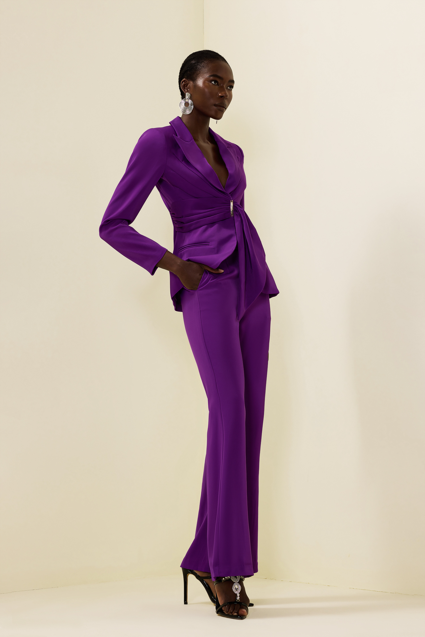 Solid Ruched Bottom Blazer ＆Mid Waist Solid Pants Set