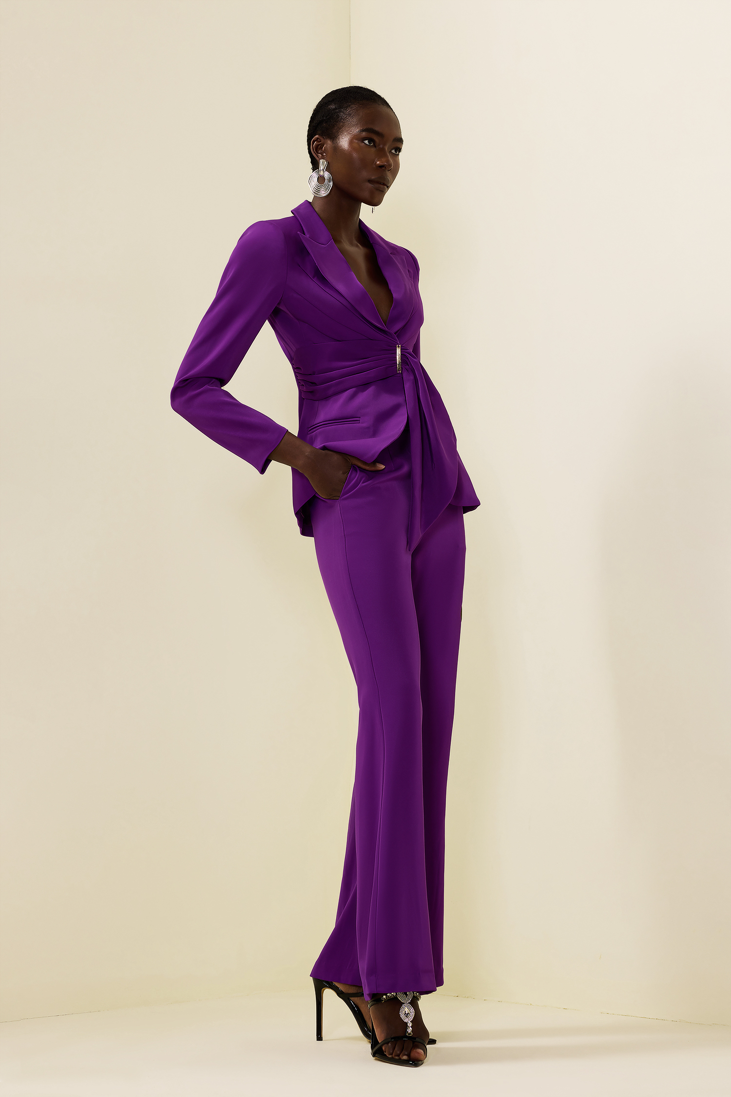 Solid Ruched Bottom Blazer ＆Mid Waist Solid Pants Set