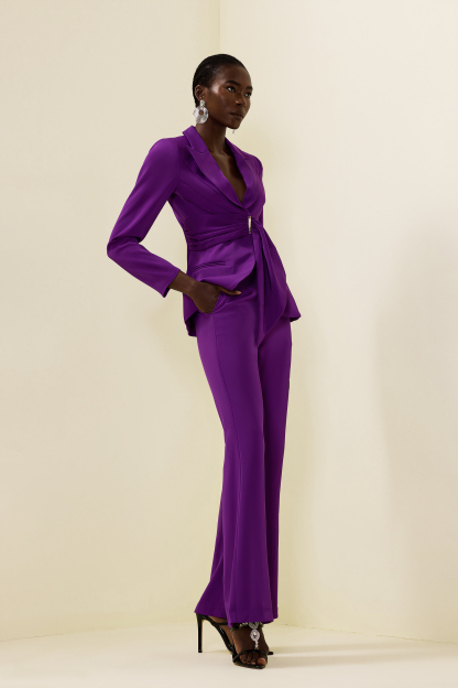 Solid Ruched Bottom Blazer ＆Mid Waist Solid Pants Set