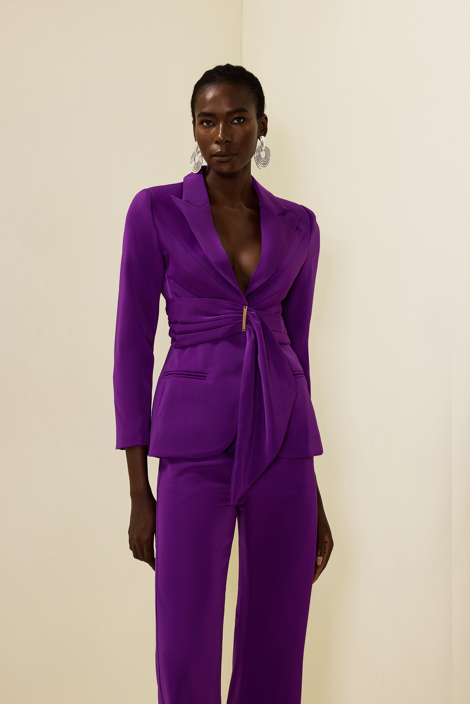 Solid Ruched Bottom Blazer ＆Mid Waist Solid Pants Set