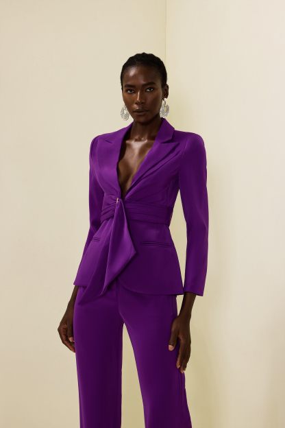 Solid Ruched Bottom Blazer ＆Mid Waist Solid Pants Set