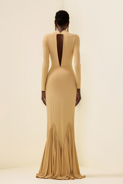 Cowl Neckline Pleat Long Sleeve Maxi Dress