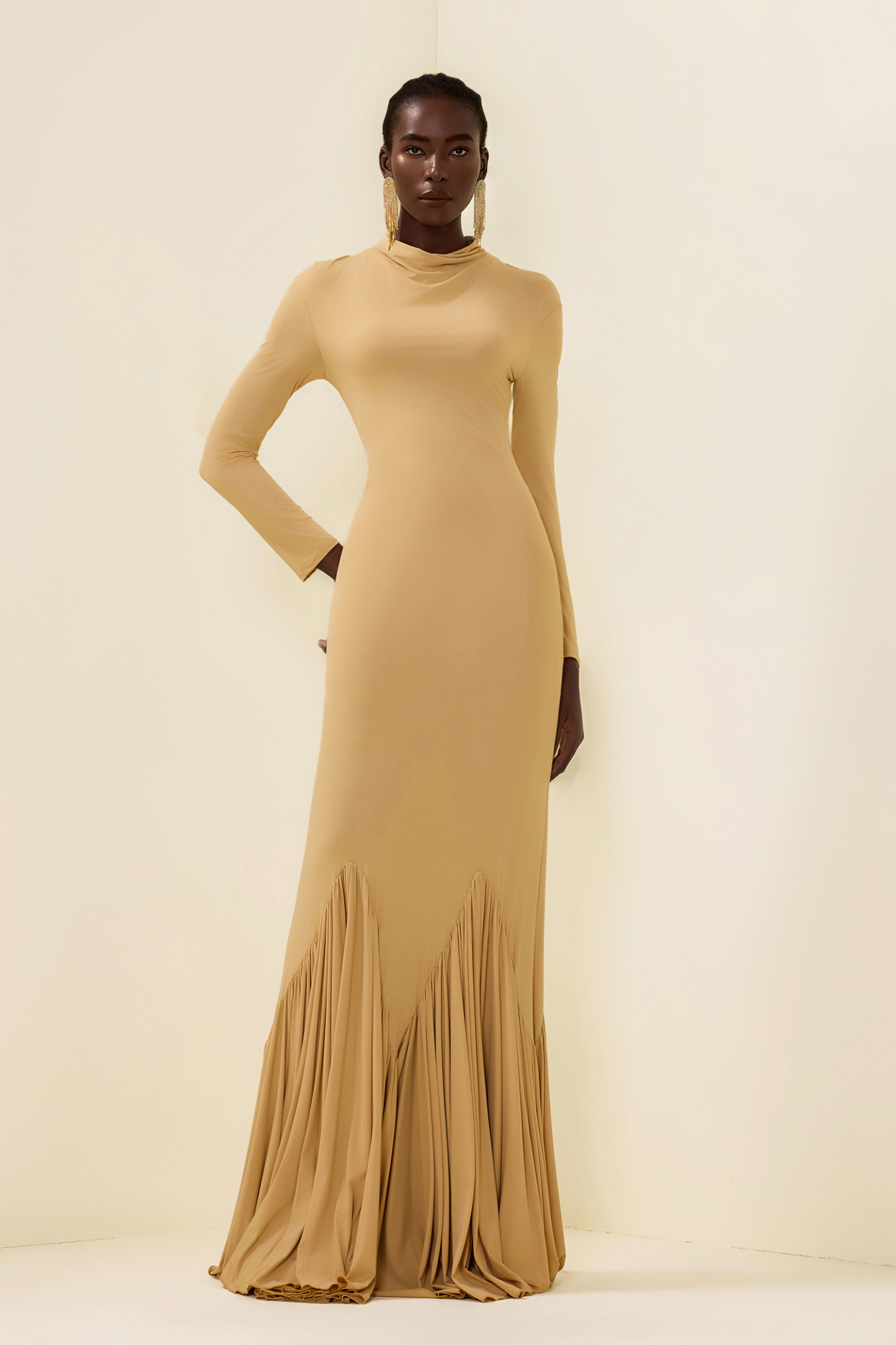 Cowl Neckline Pleat Long Sleeve Maxi Dress