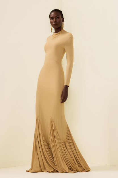 Cowl Neckline Pleat Long Sleeve Maxi Dress