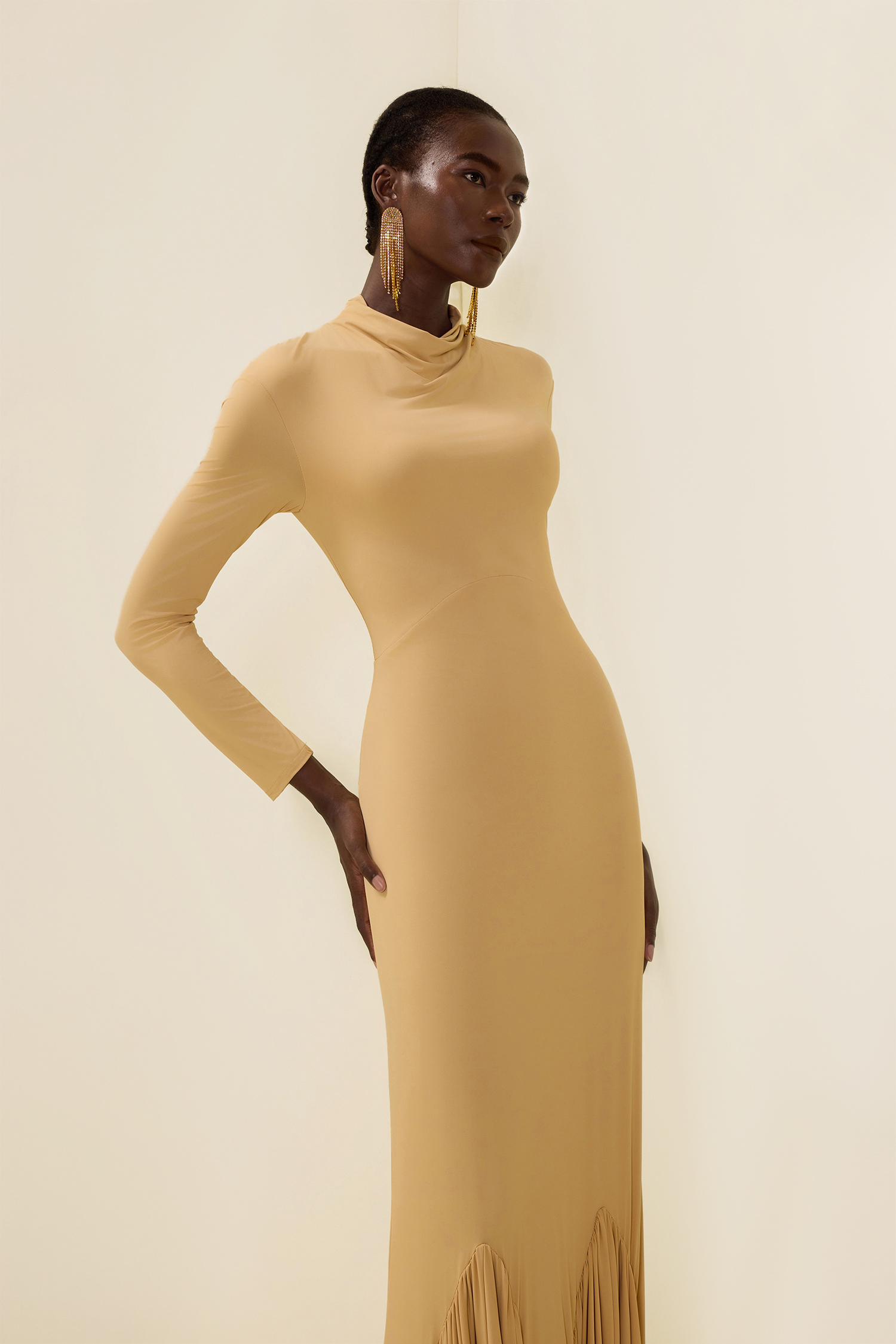 Cowl Neckline Pleat Long Sleeve Maxi Dress