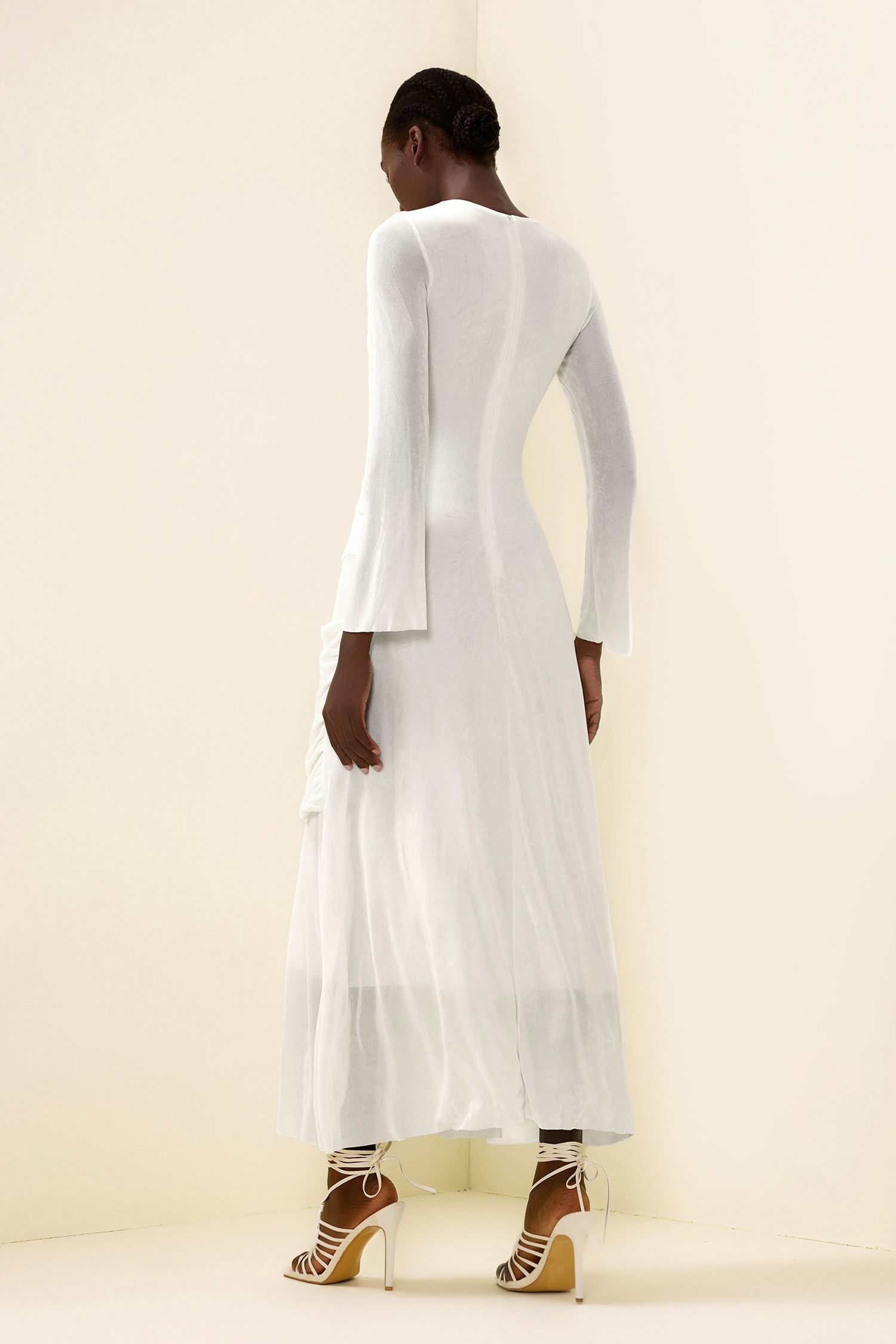 Knit Ruched Long Sleeve Maxi Dress White