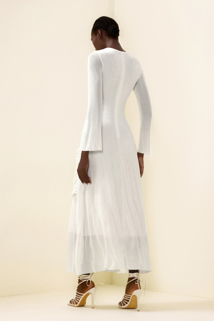 Knit Ruched Long Sleeve Maxi Dress White