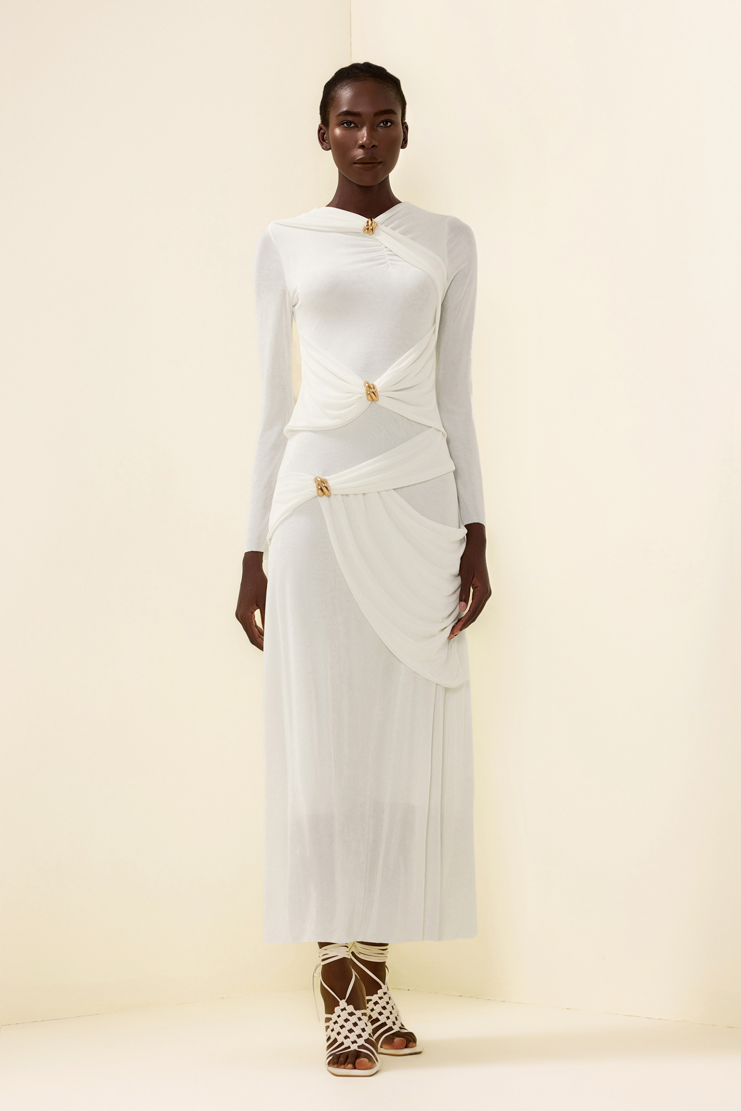 Knit Ruched Long Sleeve Maxi Dress White