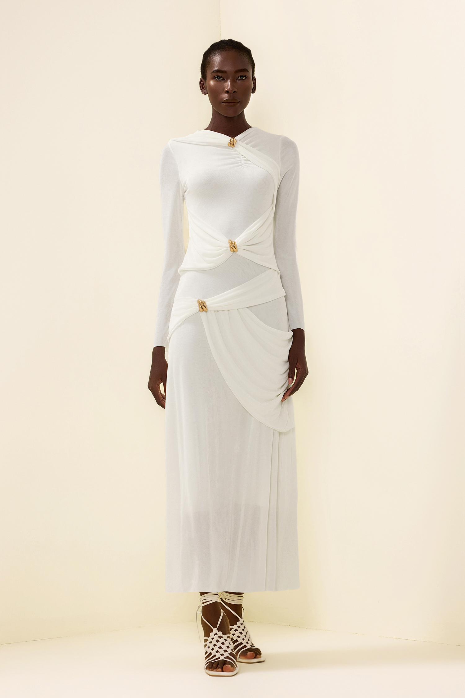 Knit Ruched Long Sleeve Maxi Dress White
