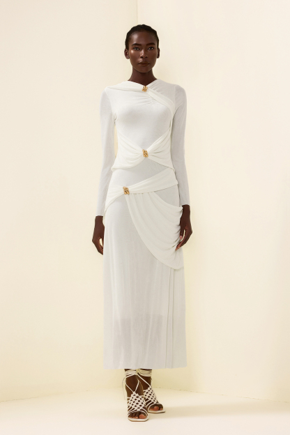 Knit Ruched Long Sleeve Maxi Dress White