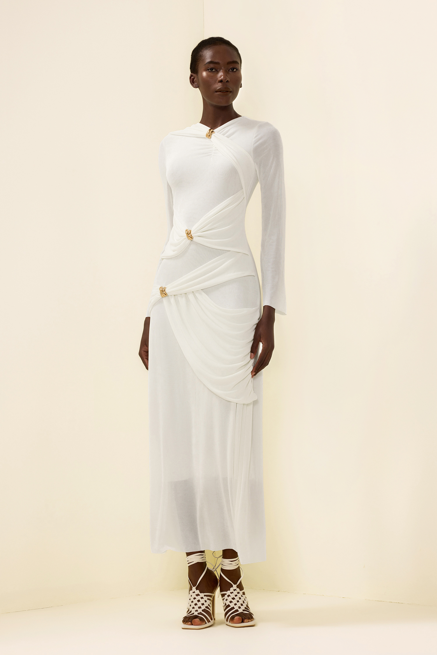 Knit Ruched Long Sleeve Maxi Dress White