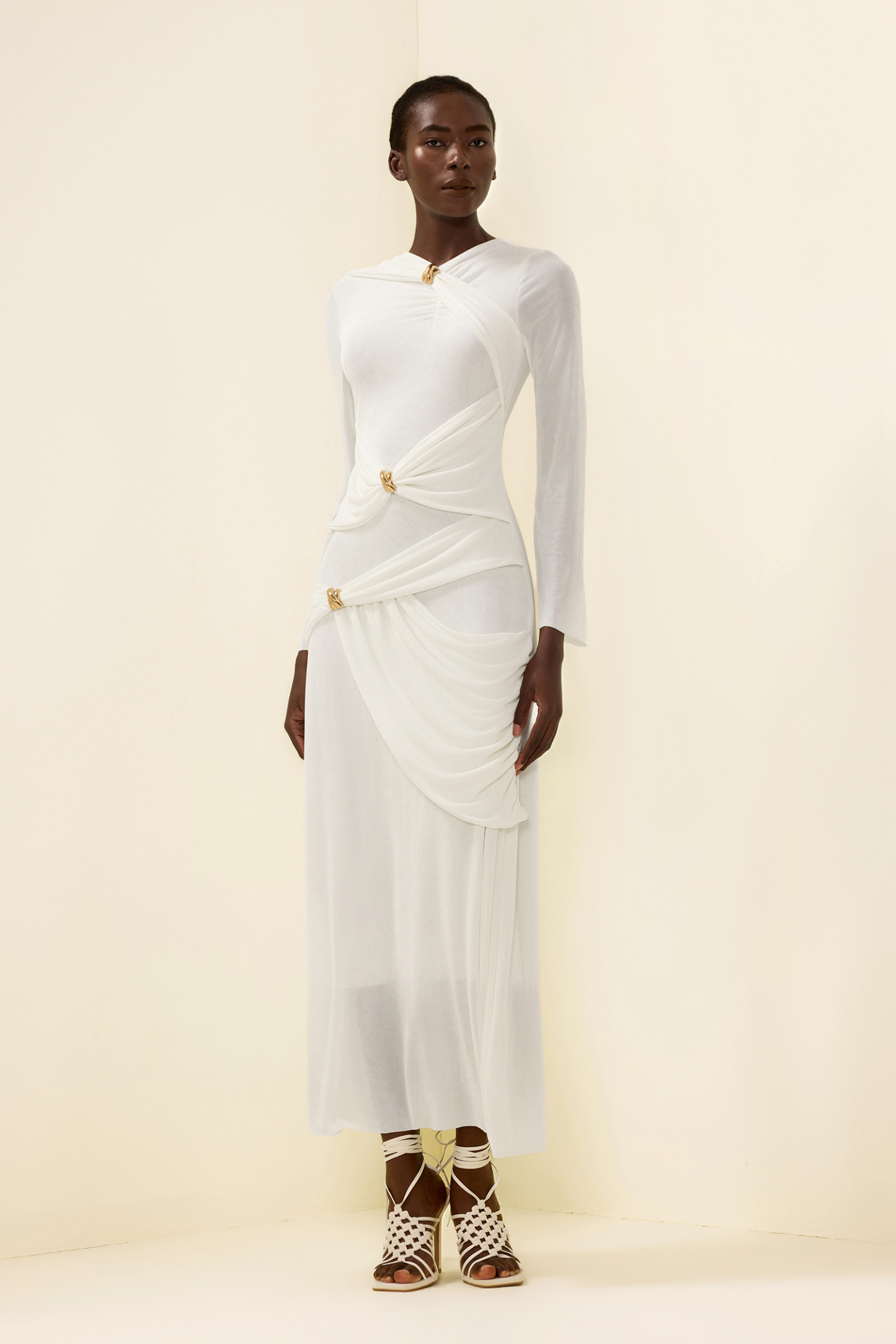 Knit Ruched Long Sleeve Maxi Dress White