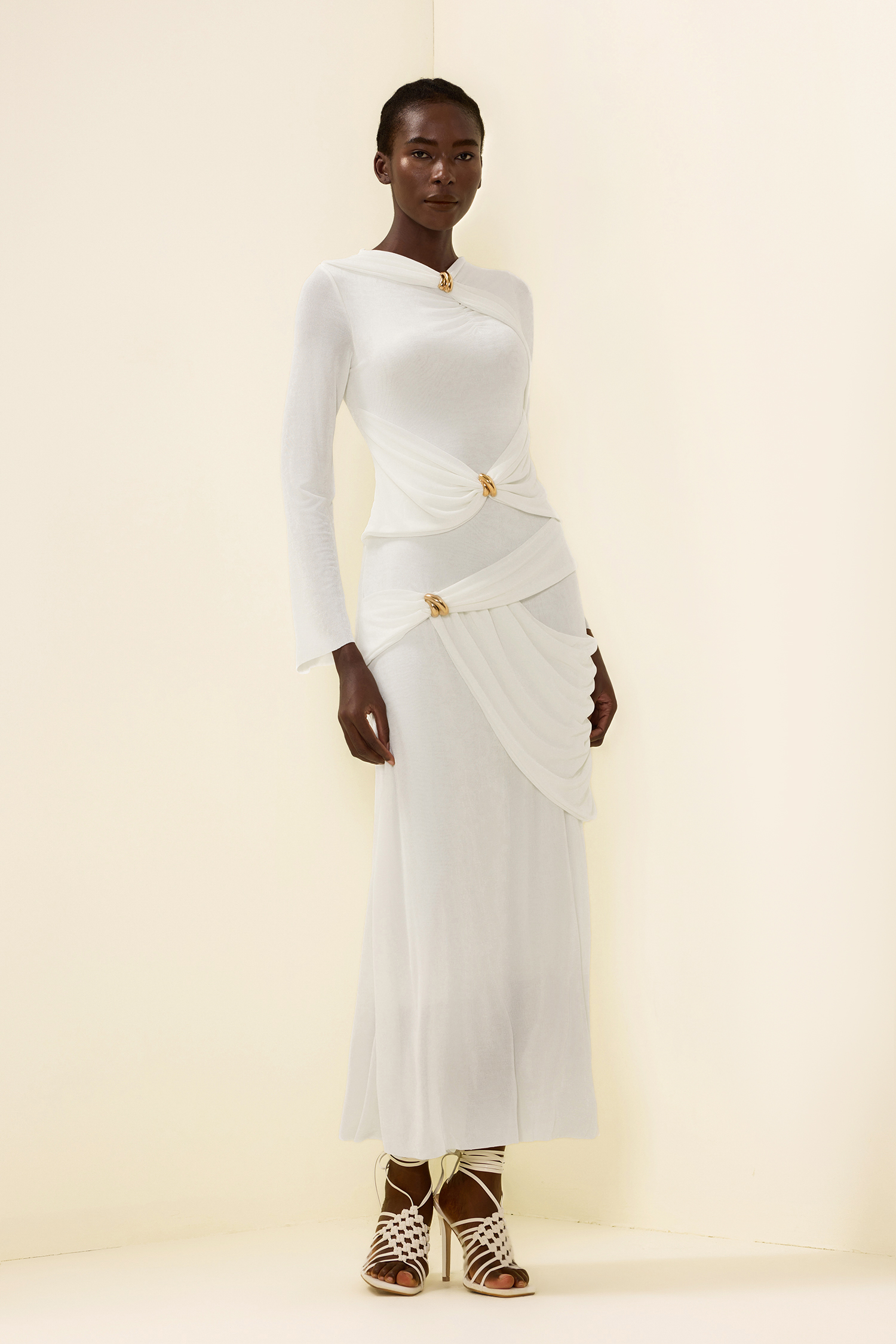 Knit Ruched Long Sleeve Maxi Dress White
