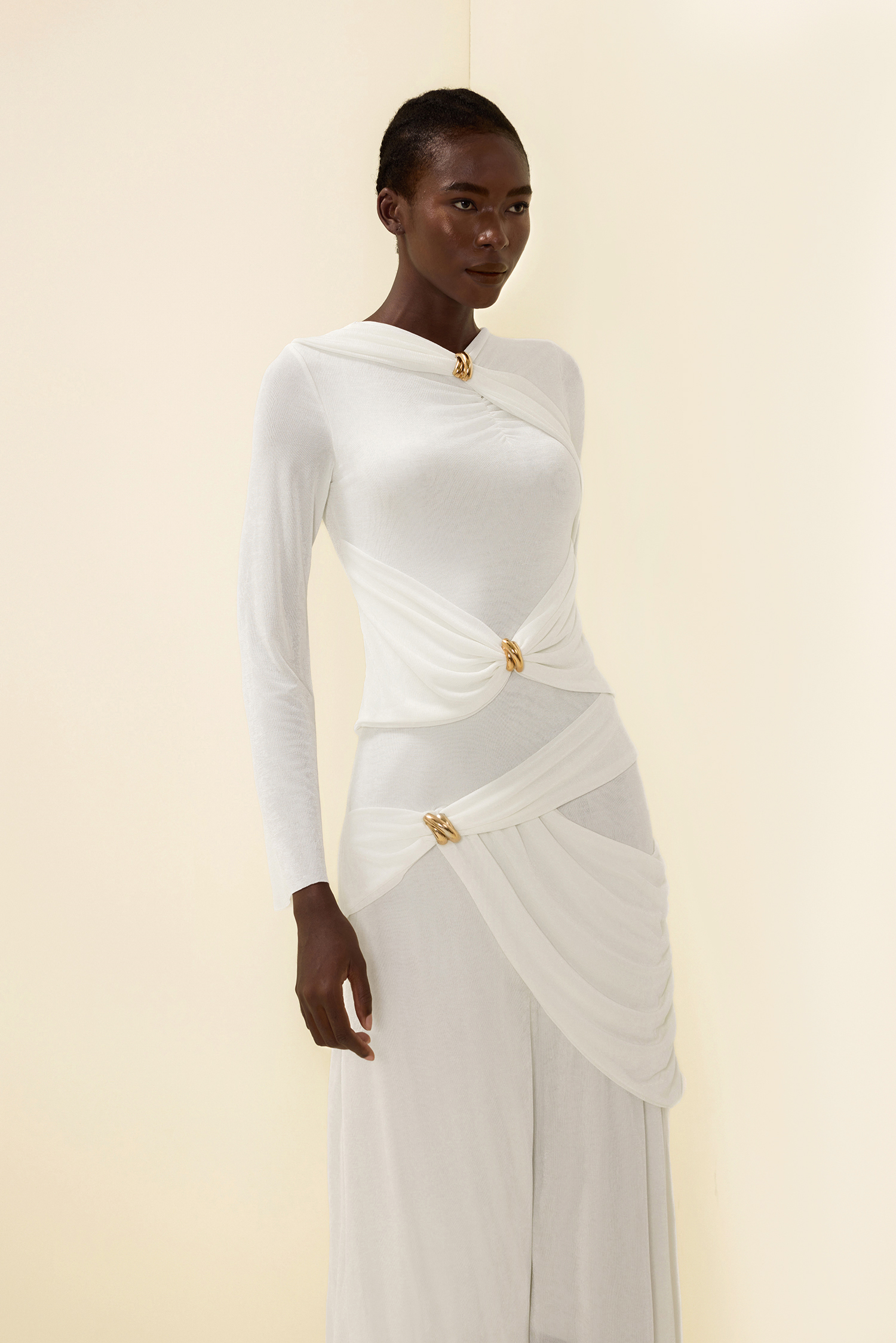Knit Ruched Long Sleeve Maxi Dress White