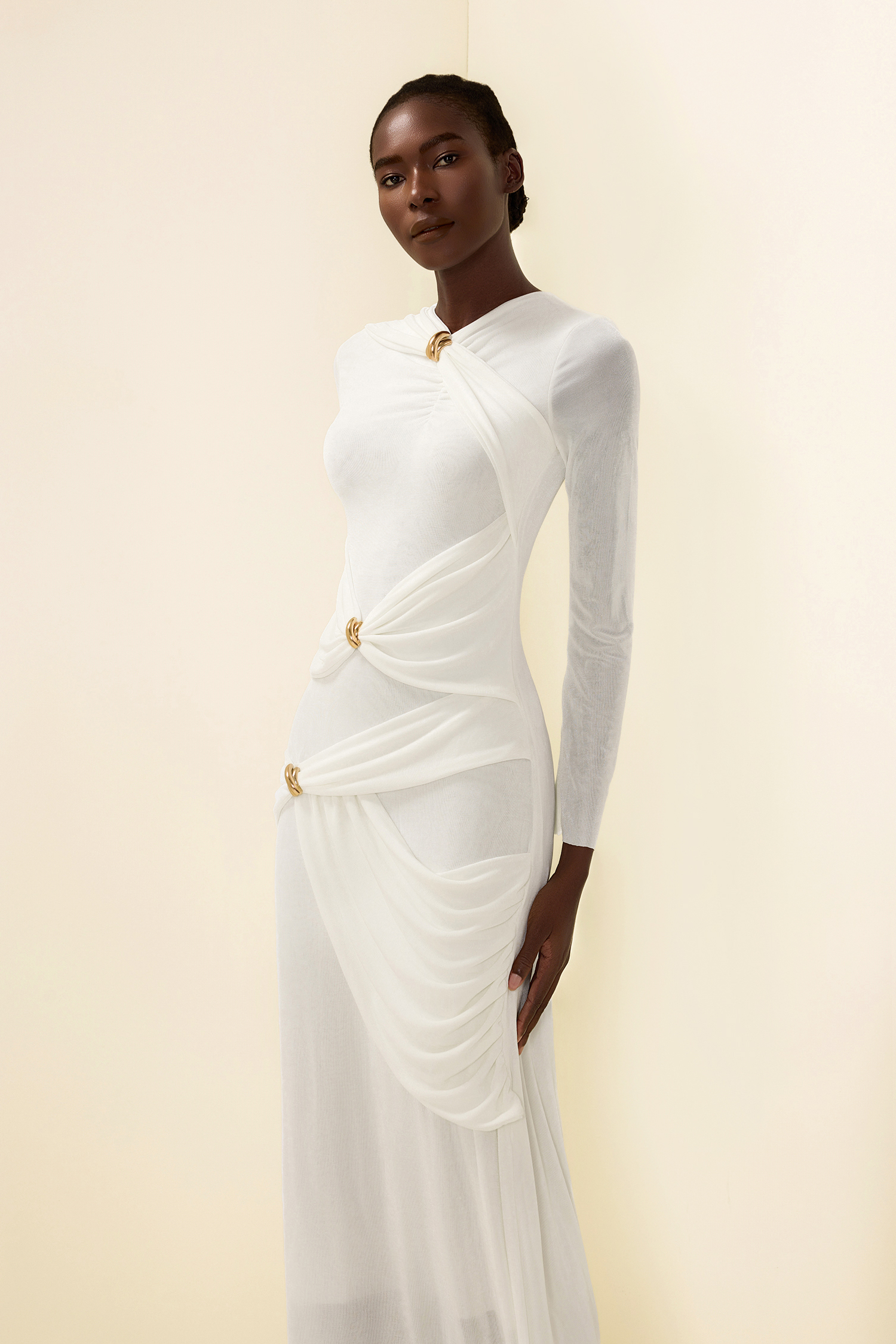 Knit Ruched Long Sleeve Maxi Dress White
