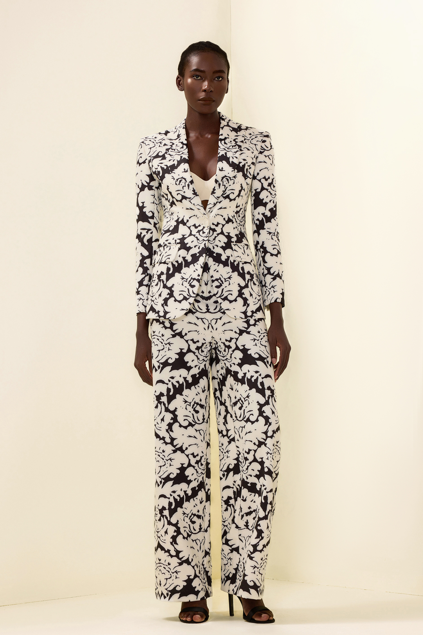 Floral Shoulder Pad Top & Hight Waist Pants Set