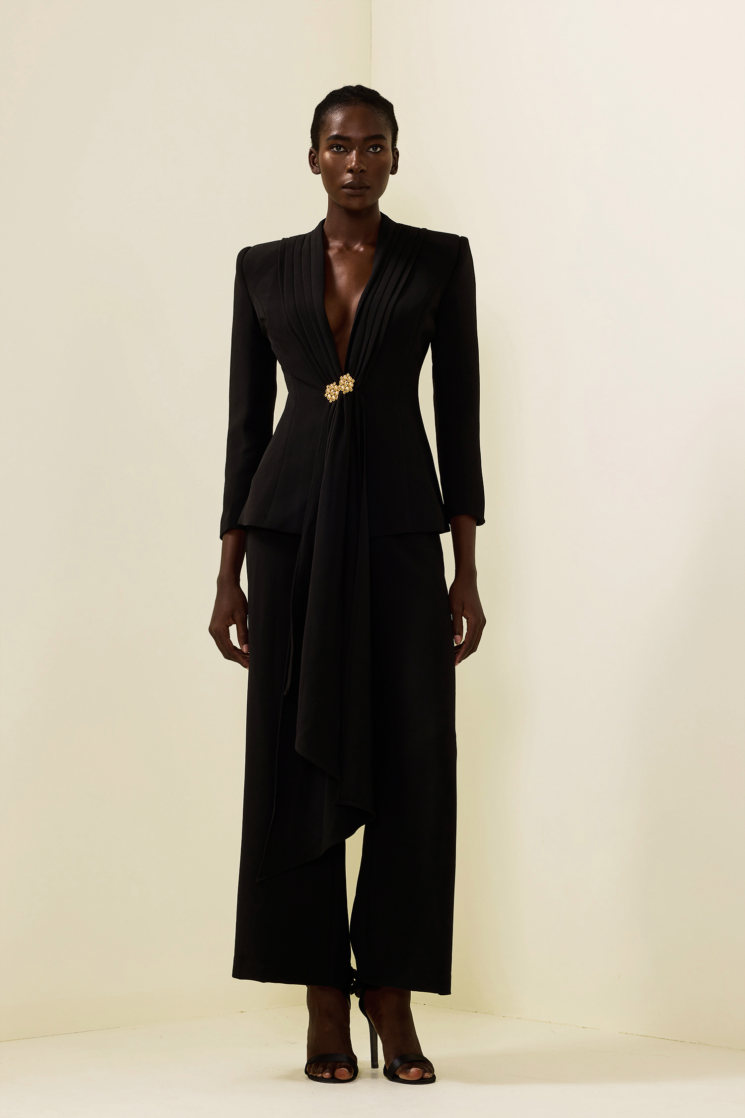 Solid Ruched Bottom Blazer ＆Mid Waist Solid Pants Set
