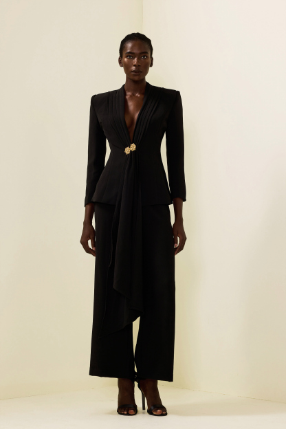 Solid Ruched Bottom Blazer ＆Mid Waist Solid Pants Set