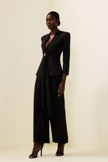 Solid Ruched Bottom Blazer ＆Mid Waist Solid Pants Set