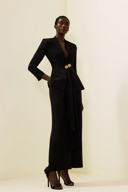 Solid Ruched Bottom Blazer ＆Mid Waist Solid Pants Set