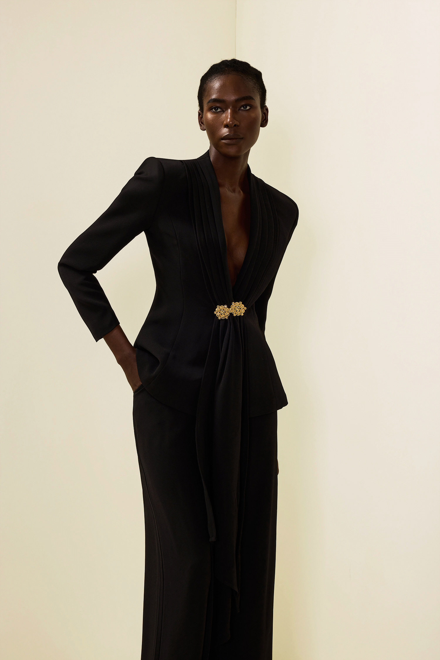 Solid Ruched Bottom Blazer ＆Mid Waist Solid Pants Set