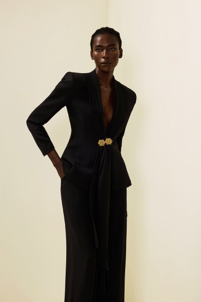 Solid Ruched Bottom Blazer ＆Mid Waist Solid Pants Set