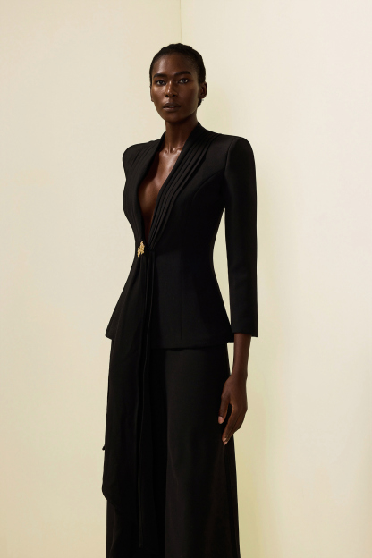 Solid Ruched Bottom Blazer ＆Mid Waist Solid Pants Set