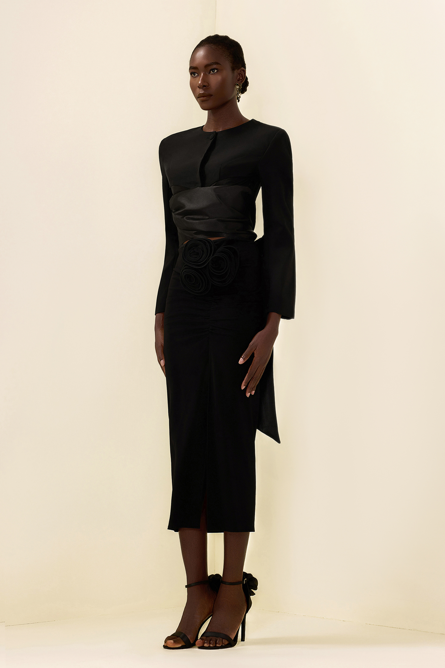 Solid Lace Up Top & 3D Flower High Waist Midi Skirt Set