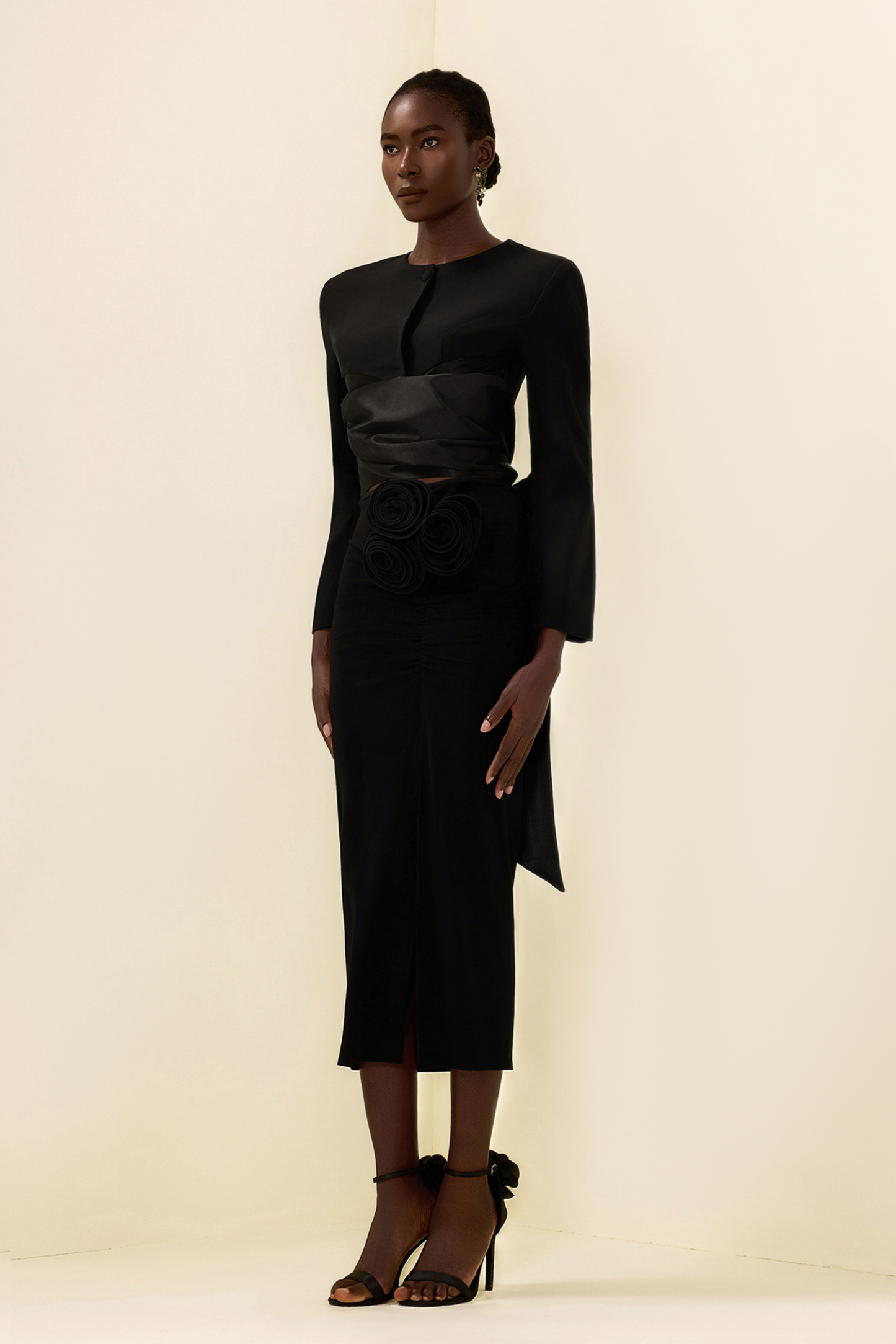 Solid Lace Up Top & 3D Flower High Waist Midi Skirt Set