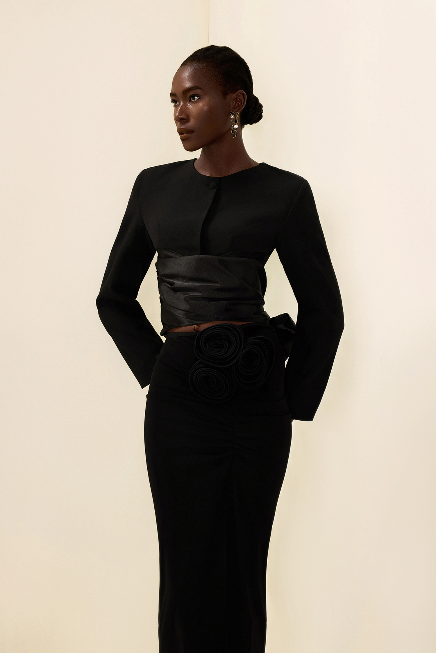 Solid Lace Up Top & 3D Flower High Waist Midi Skirt Set