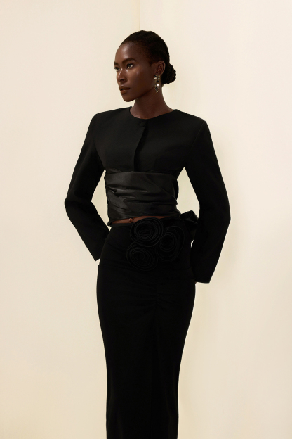 Solid Lace Up Top & 3D Flower High Waist Midi Skirt Set