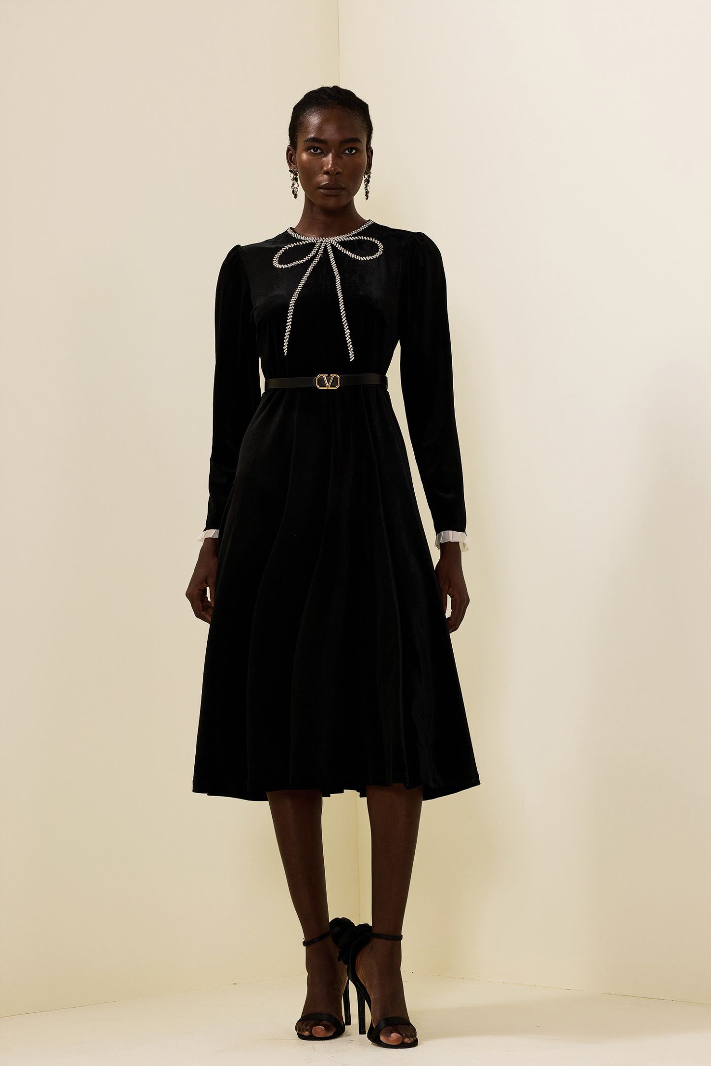 Velvet Rhinestone Bow Midi Dress