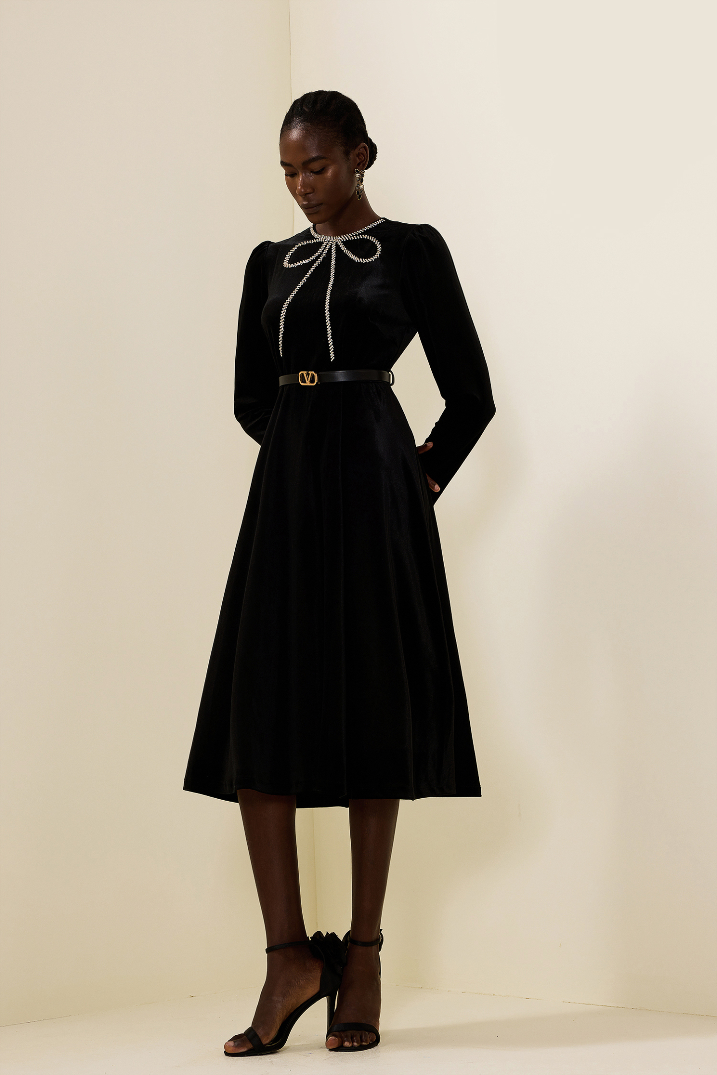 Velvet Rhinestone Bow Midi Dress