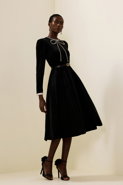Velvet Rhinestone Bow Midi Dress