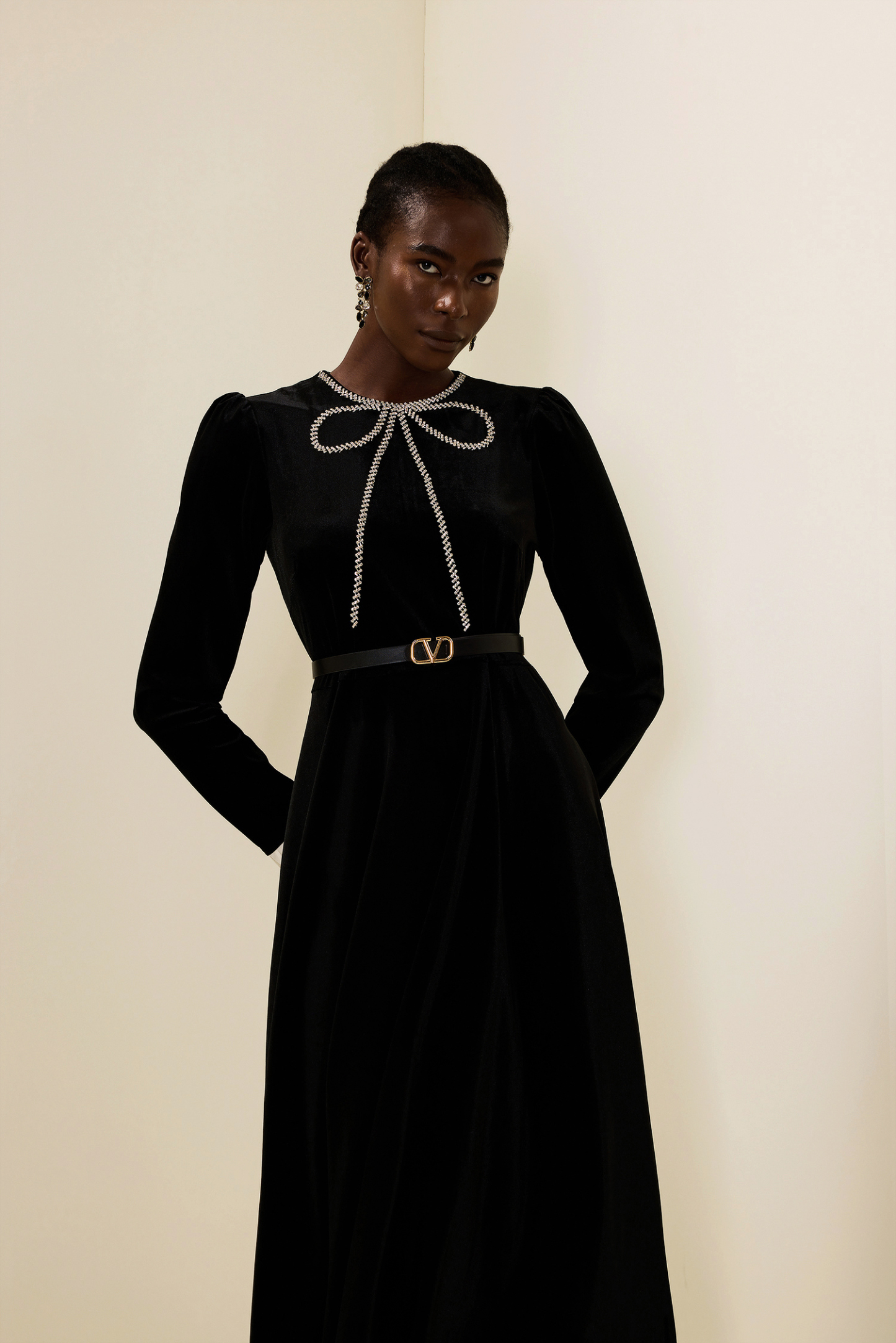 Velvet Rhinestone Bow Midi Dress