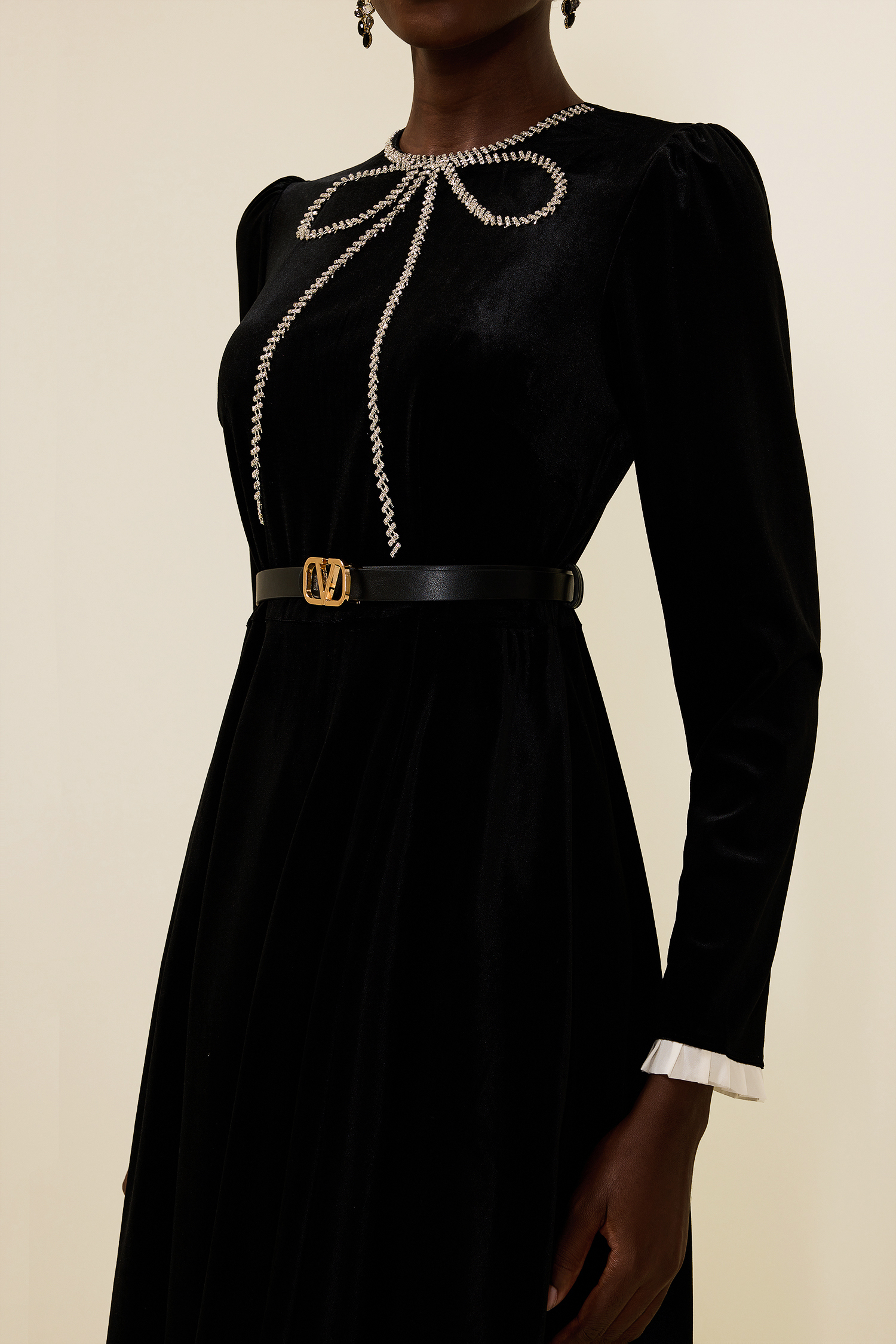 Velvet Rhinestone Bow Midi Dress