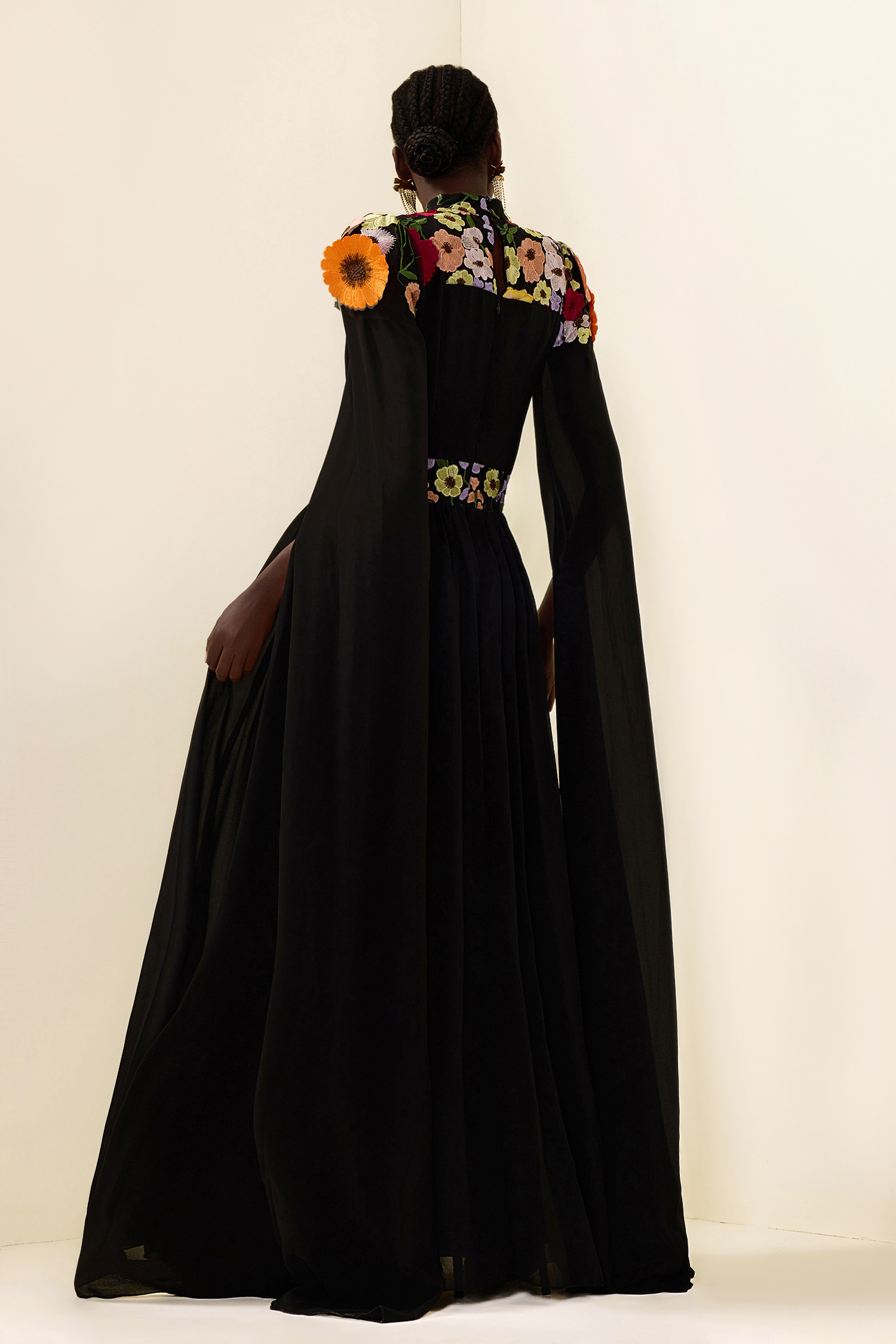 Embroidered Floral Cape Sleeve Maxi Dress