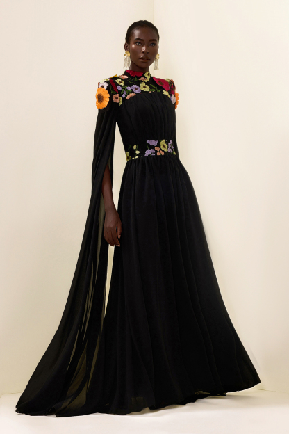 Embroidered Floral Cape Sleeve Maxi Dress