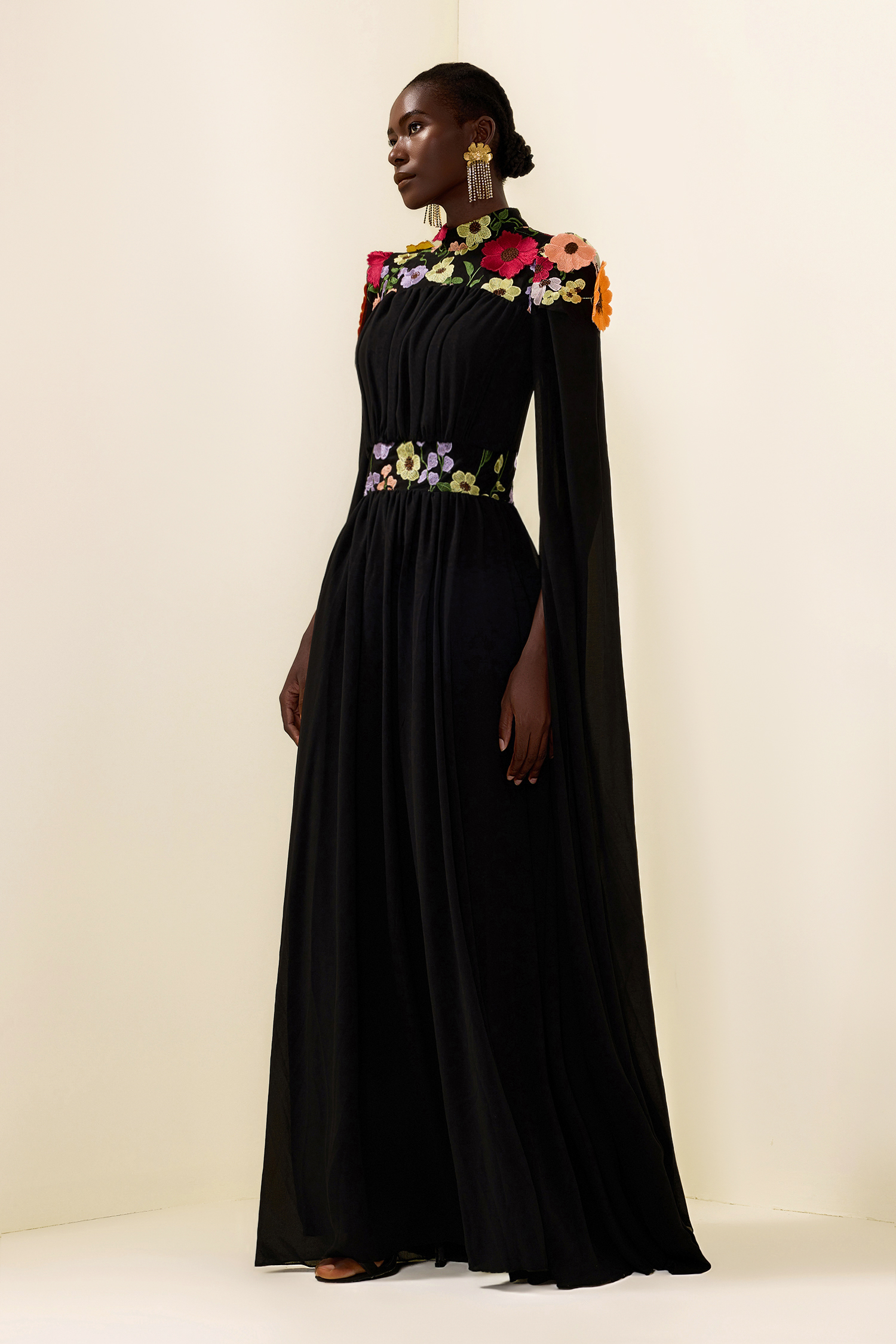 Embroidered Floral Cape Sleeve Maxi Dress