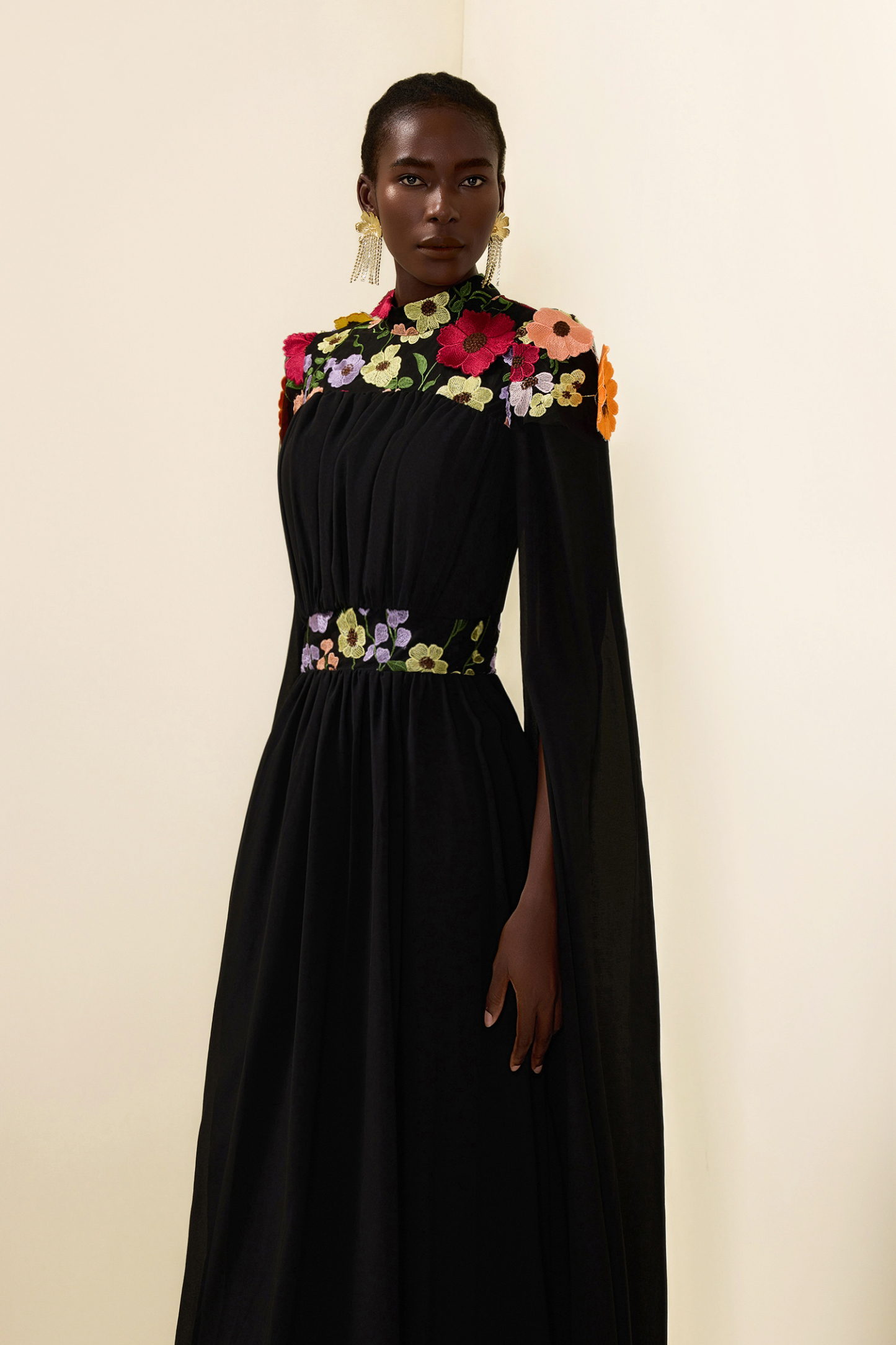 Embroidered Floral Cape Sleeve Maxi Dress