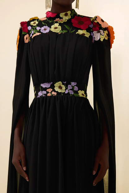 Embroidered Floral Cape Sleeve Maxi Dress