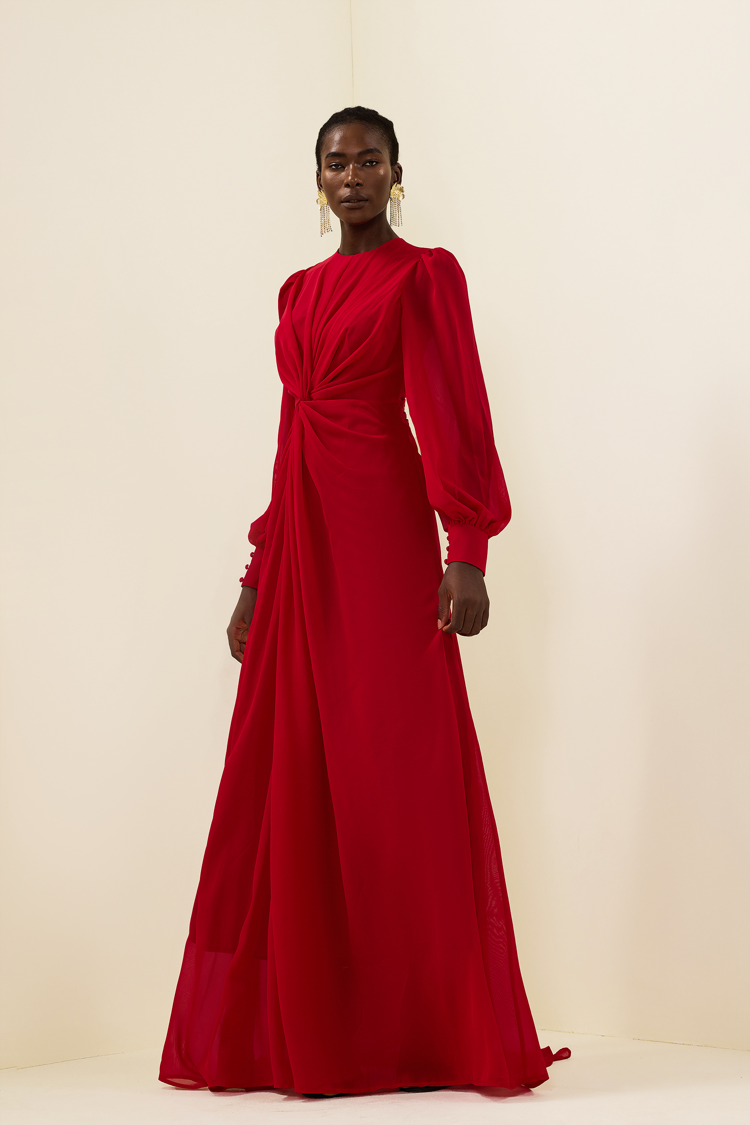 Solid Knotted Lantern Sleeve Maxi Dress