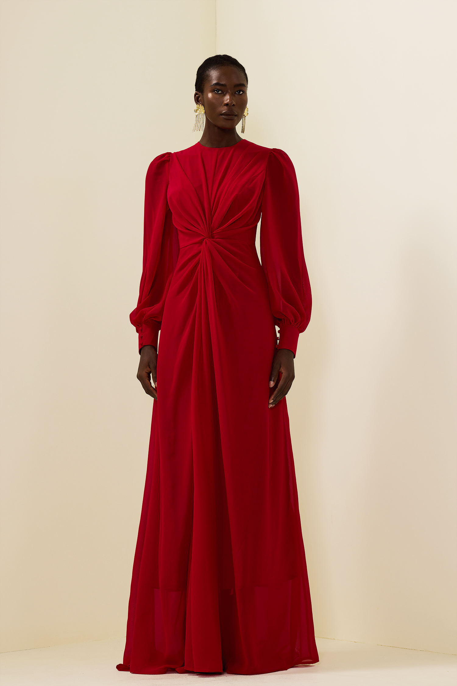 Solid Knotted Lantern Sleeve Maxi Dress