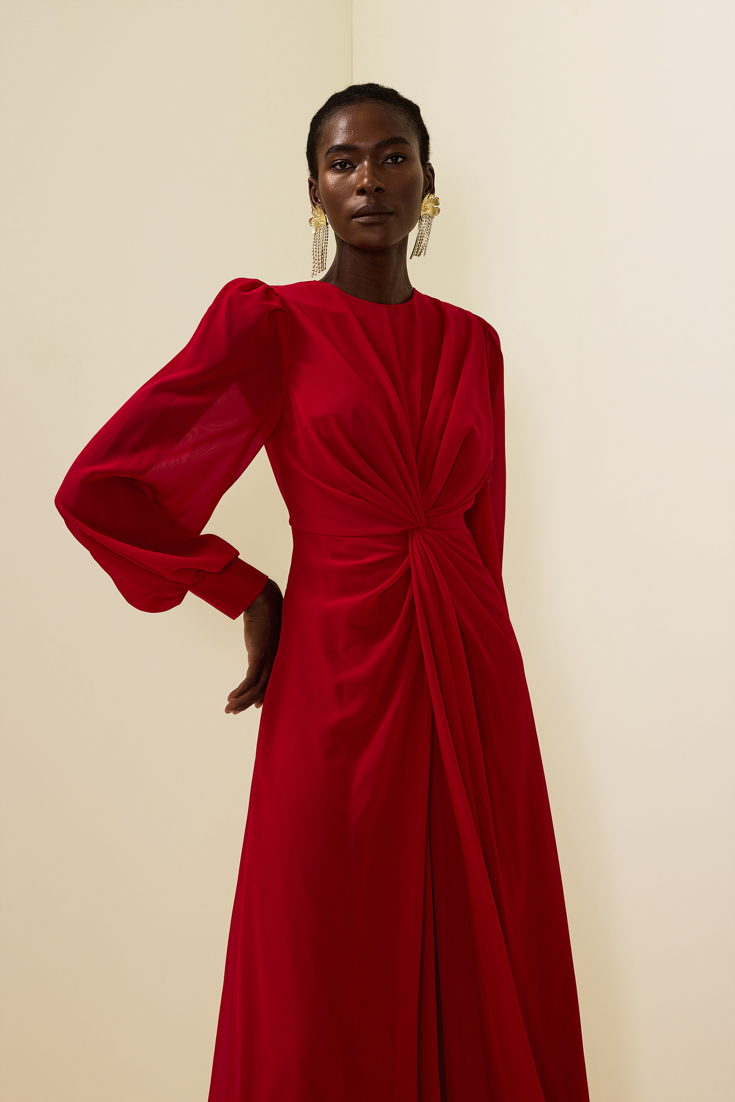 Solid Knotted Lantern Sleeve Maxi Dress