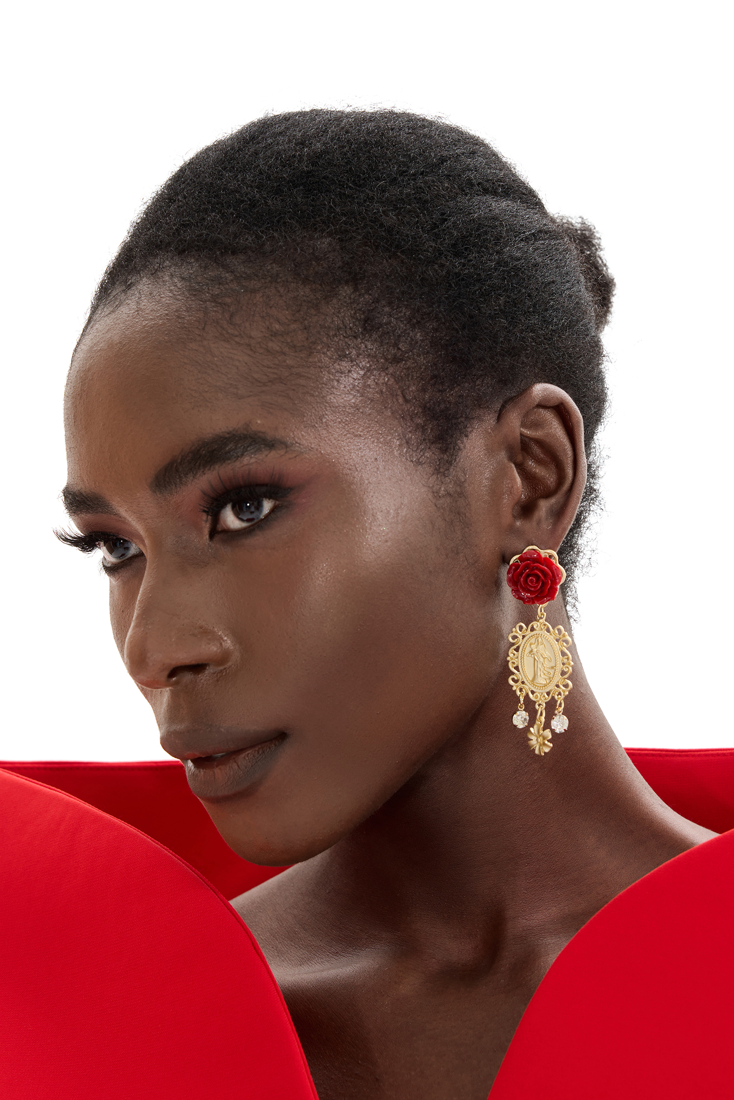 Faux Diamond Cameo Rose Shape Drop Earrings